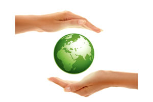 image of hands and globe depicting sustainable energy