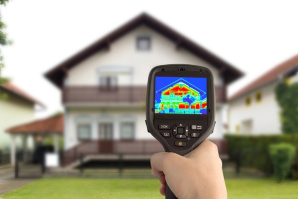 thermal gun measuring heat loss of a house