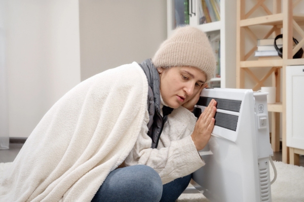 woman in winter clothes keeping warm beside an electric heater due to furnace failure
