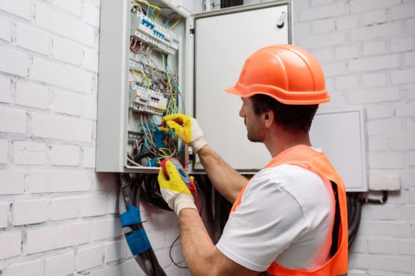 electrician wearing orange hard hat working on a home's electrical system