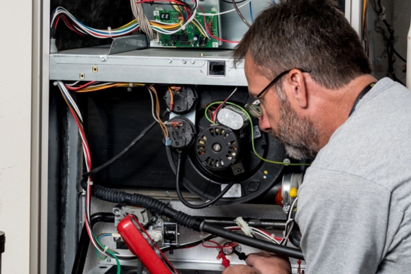 HVAC technician tending to a failing furnace
